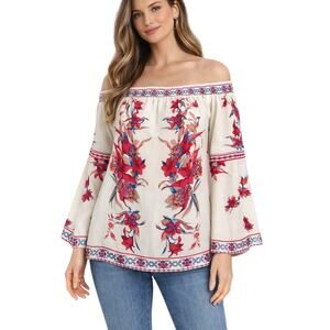Blue Rain Blouse M Boho Floral Peasant Top Off Shoulder Bell Sleeve Cream Red
